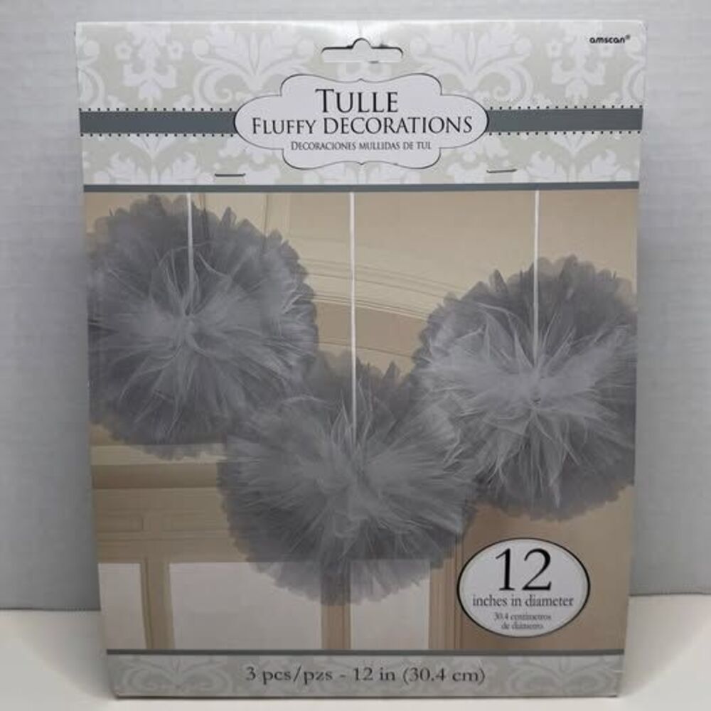 AMSCAN 12" Silver Fluffy Tulle Pom Pom Decorations Set of 3 (Bx 18)